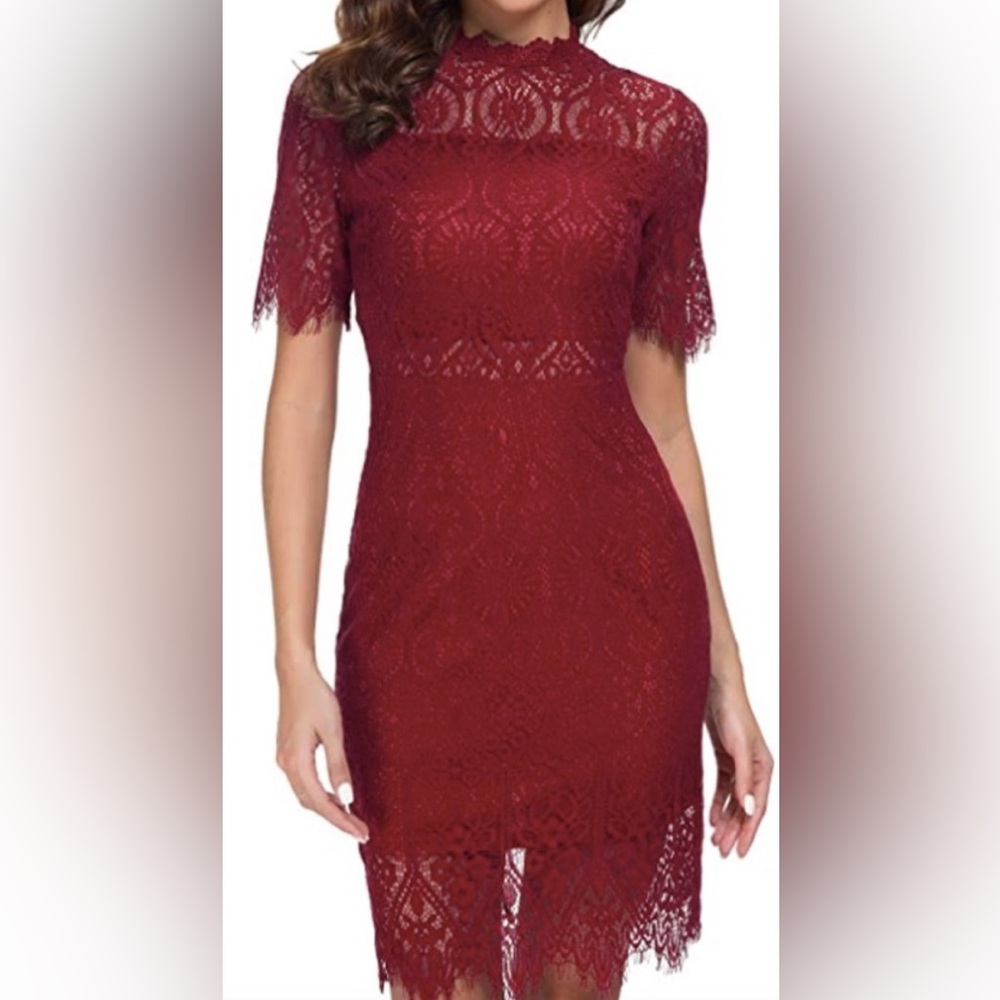Women's Elegant High Neck Short-Sleeve Lace Cocktail Dress Wine Red Size 10